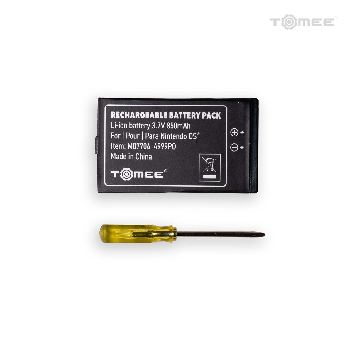 Rechargeable battery pack for Nintendo DS with a screwdriver on a white background, featuring the Tomee brand.