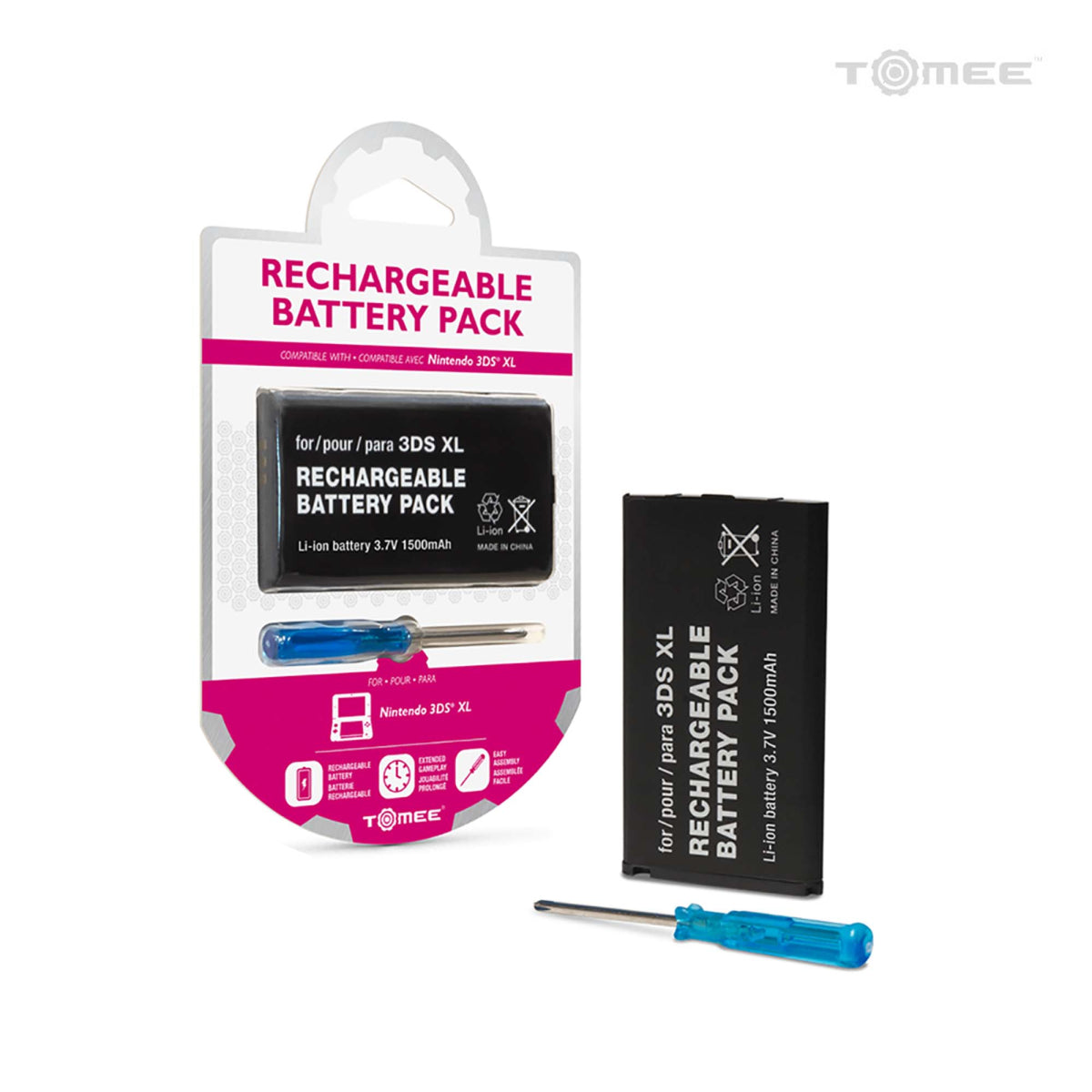 Rechargeable battery pack for Nintendo 3DS XL with packaging and screwdriver on a white background.
