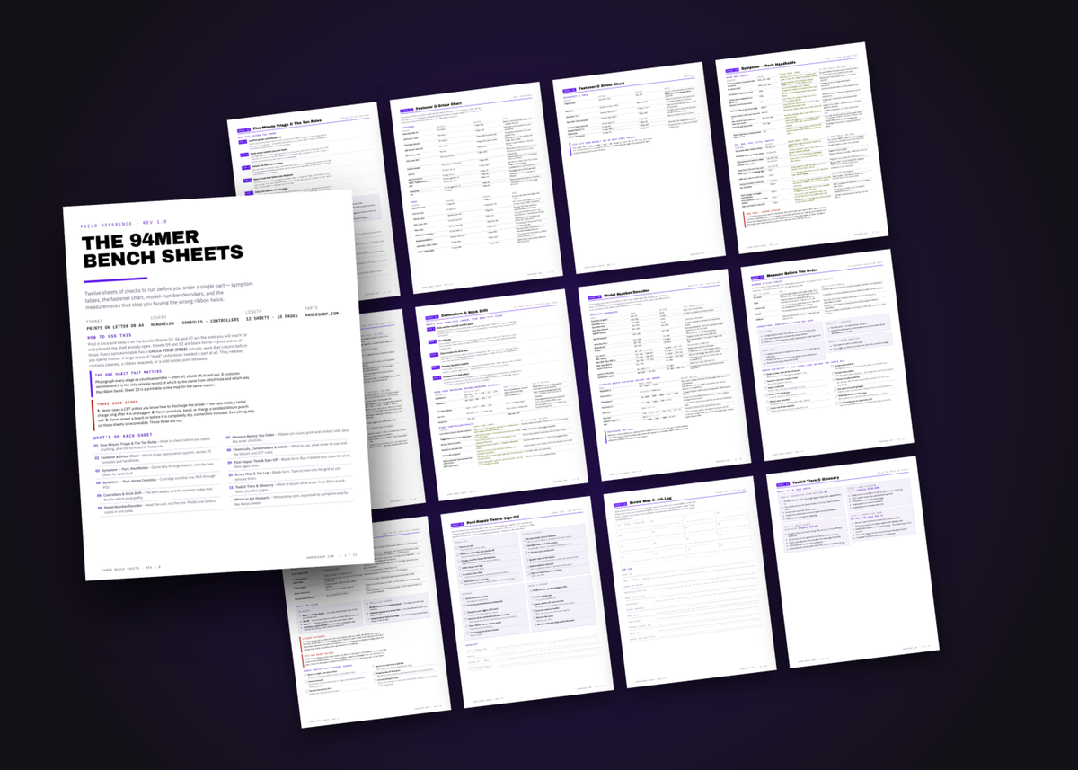 The twelve printable 94MER bench sheets fanned out, cover sheet in front