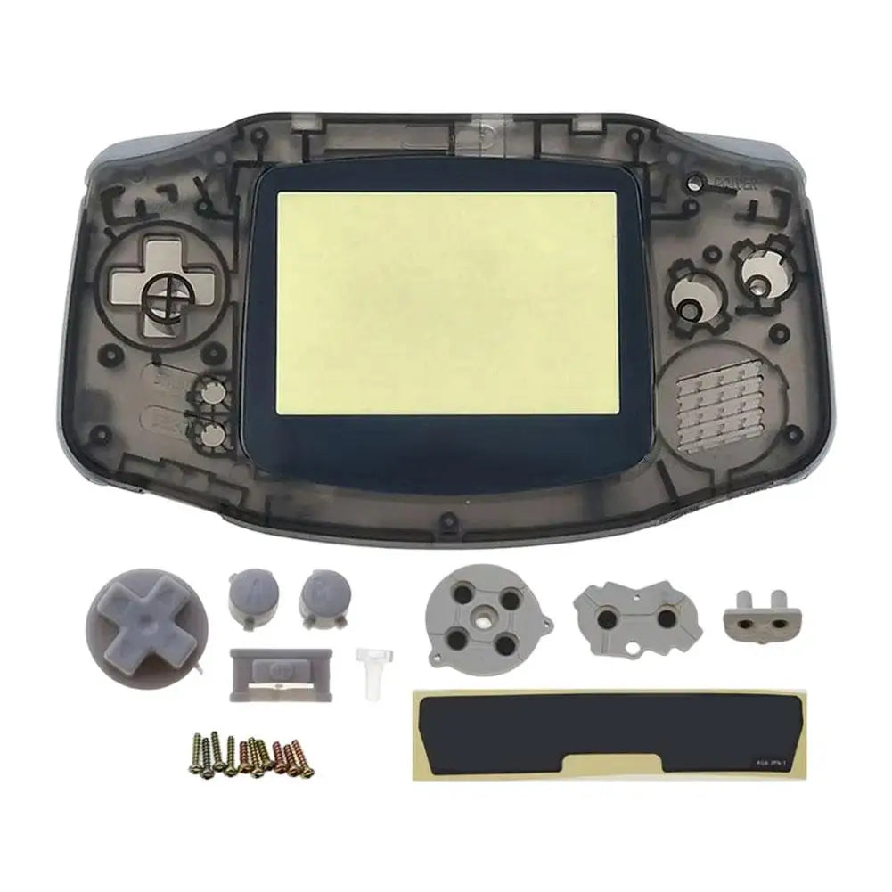 Smoke black transparent Game Boy Advance replacement shell kit with buttons, contact pads, lens and screws