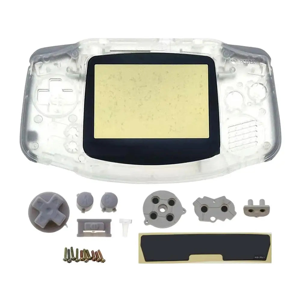 Clear transparent Game Boy Advance replacement shell kit with buttons, contact pads, lens and screws