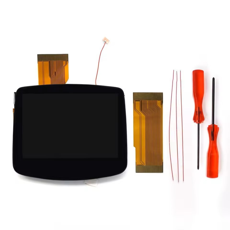 An image showing a Gameboy Advance IPS Screen Kit, including a black pre-laminated IPS LCD screen, orange ribbon cables, and red wires with a screwdriver.