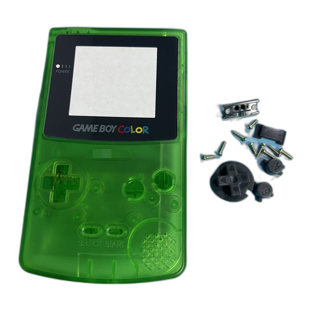 Clear forest green translucent Game Boy Color replacement shell kit with buttons and screws