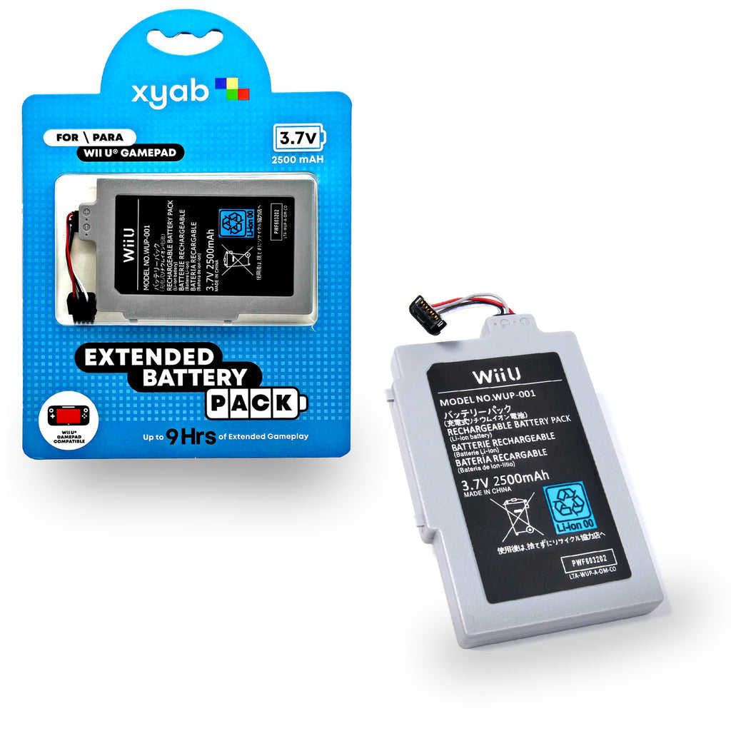 A new 2500 mAh lithium Ion replacement battery pack for a Wii U gamepad, displayed in its retail packaging.